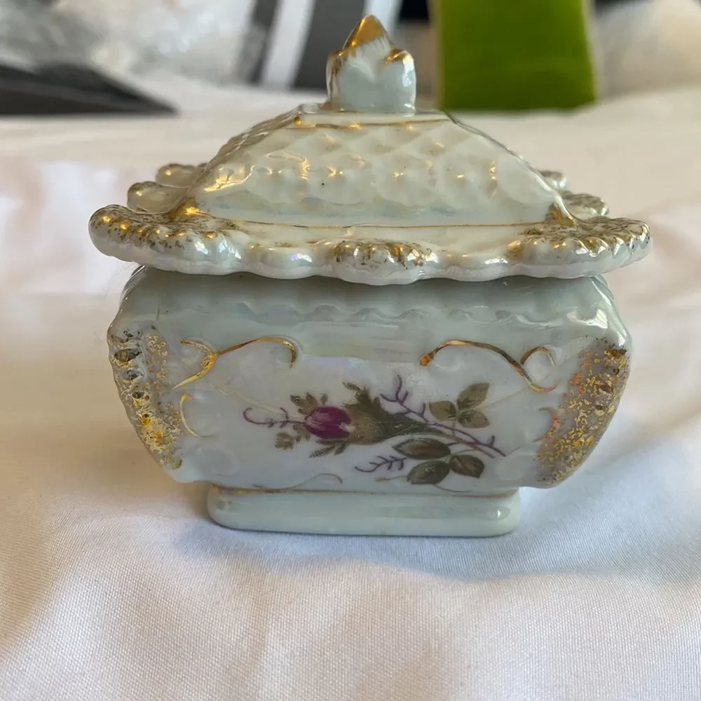 Vintage Victorian Style Floral Porcelain Opalescent Trinket Box